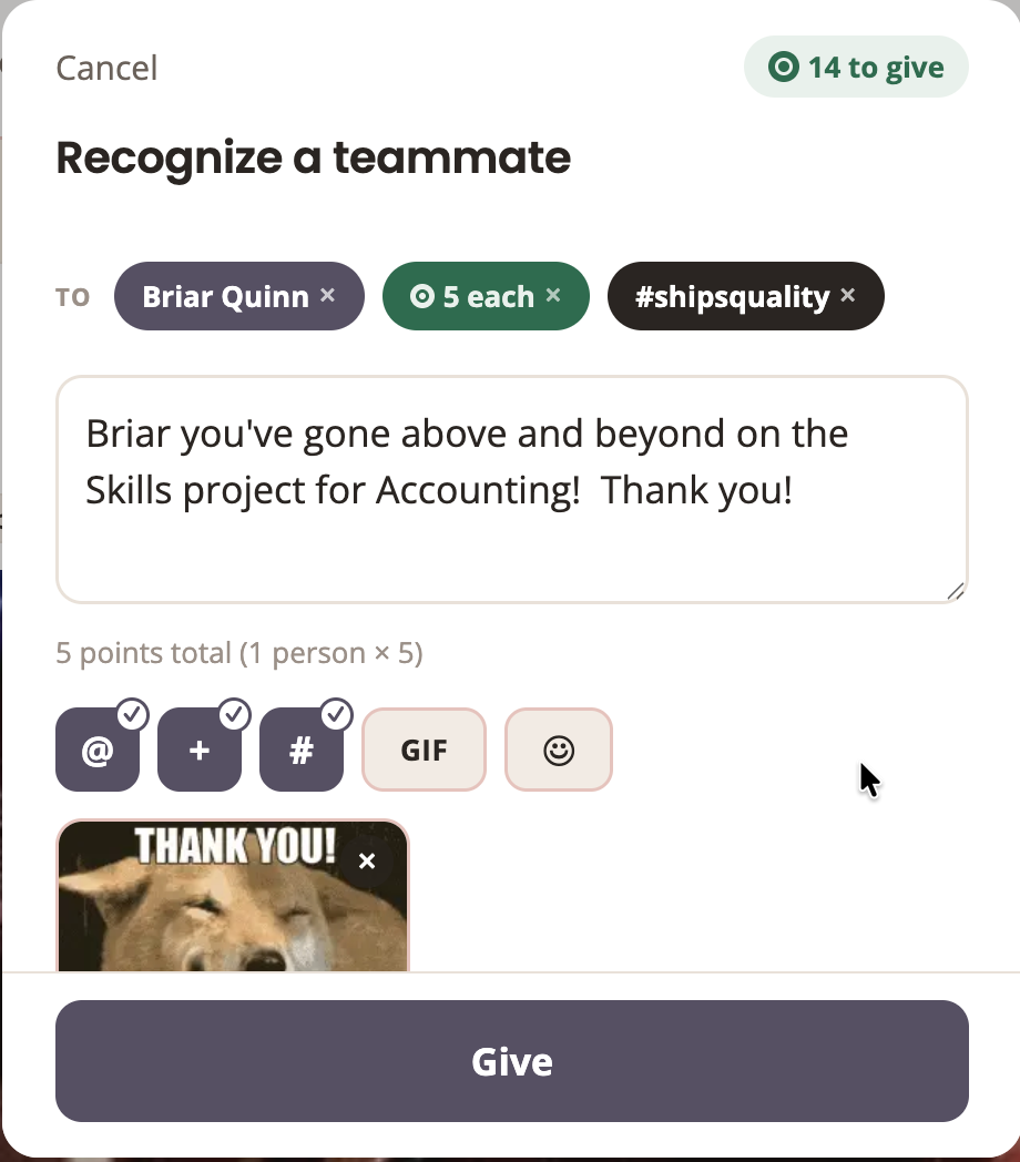 Recognition composer showing a recipient chip, points per person, a hashtag value, a written message, and an attached thank you GIF