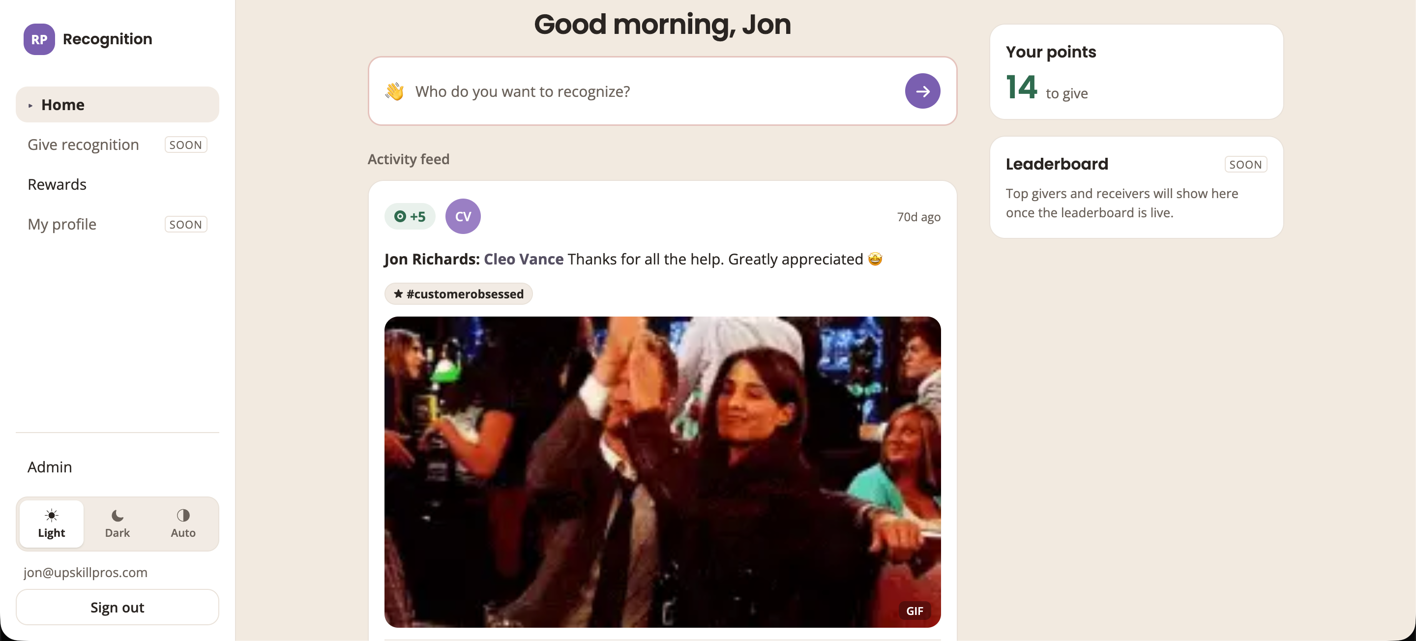 Recognition platform home screen showing the activity feed, a recognition card with points and a GIF, the points balance, and the leaderboard panel