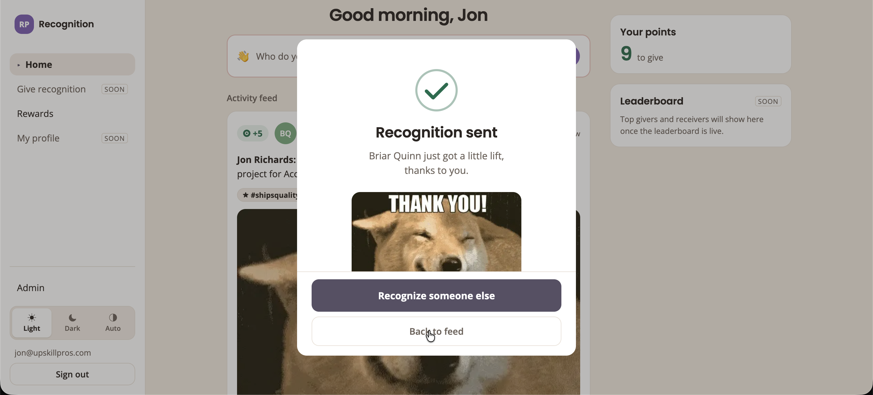 Confirmation screen with a green check reading Recognition sent, showing the recipient got a little lift